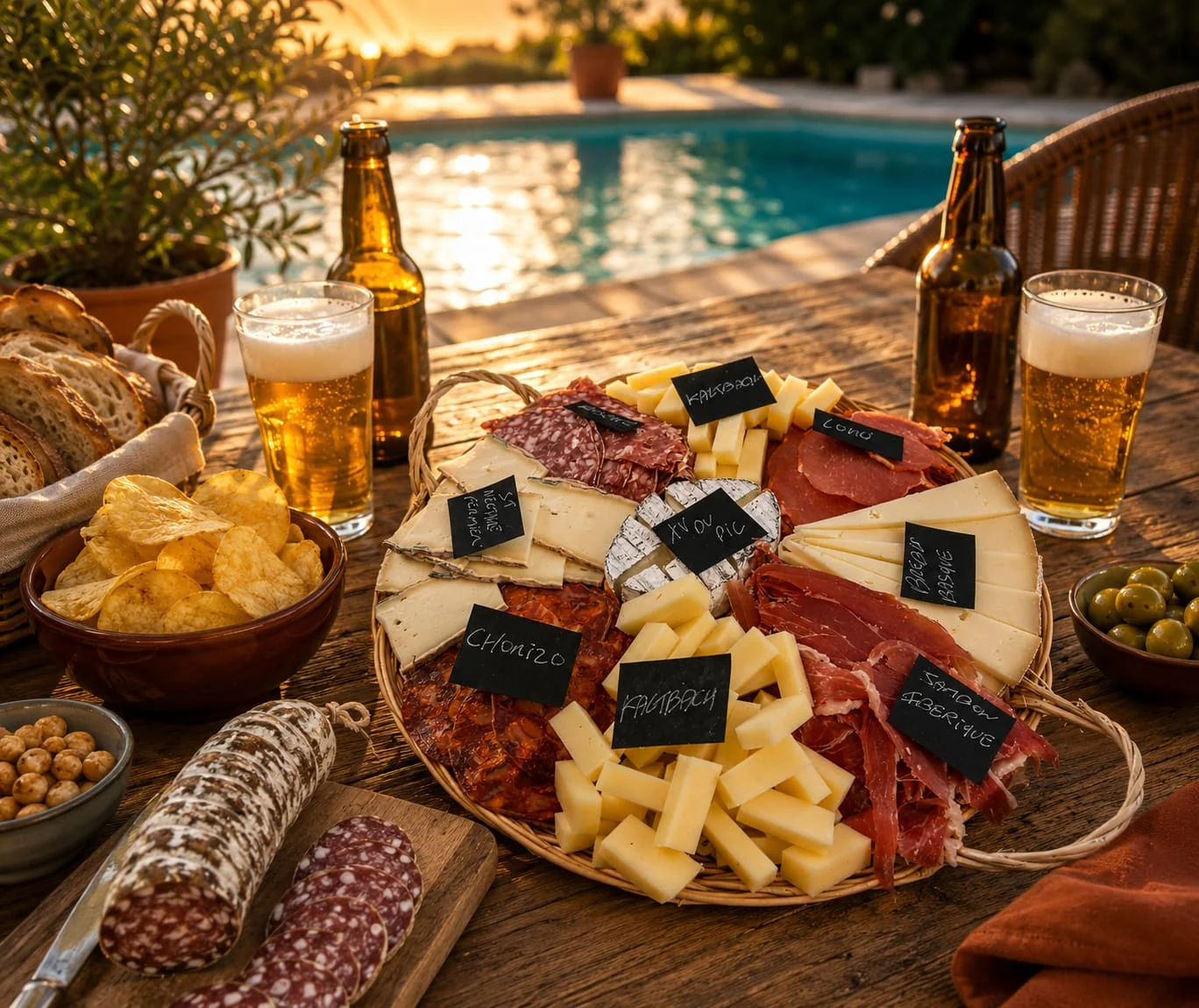 Apéro du terroir avec planche, bières artisanales et piscine